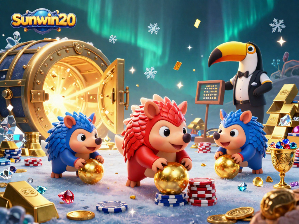 Compete in thrilling games at sunwin20, featuring vibrant pangolins and poker chips amidst treasure!