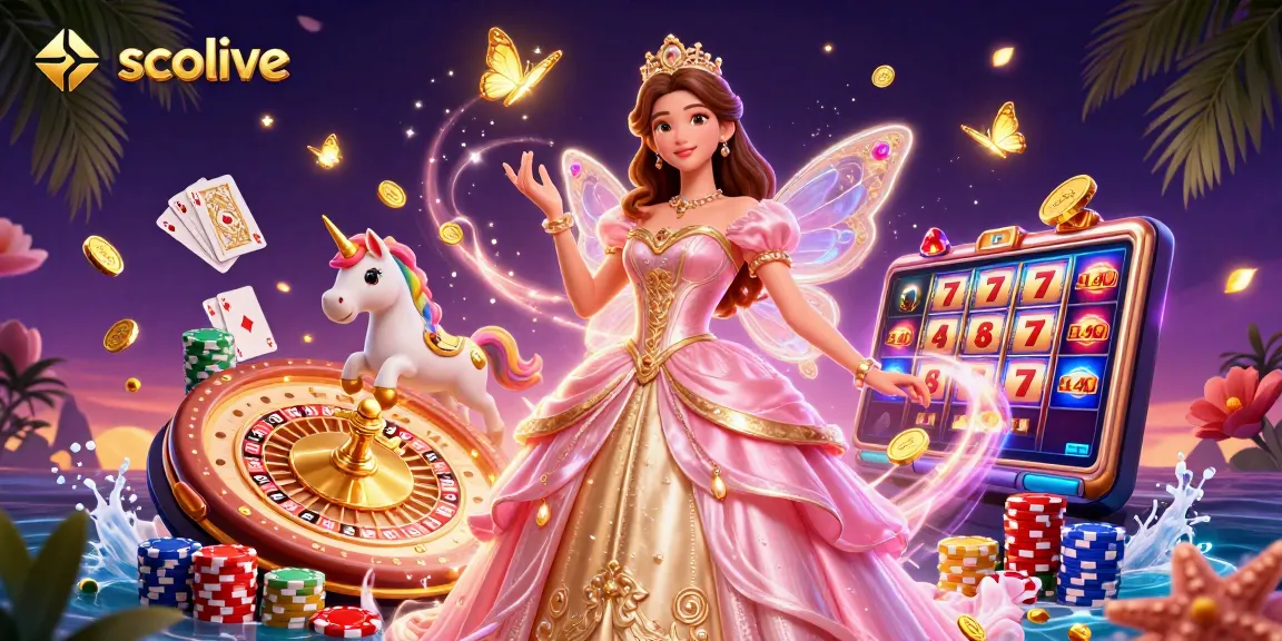 Socolive showcases a glamorous Asian woman in a fairy-tale setting, surrounded by golden gaming elements.