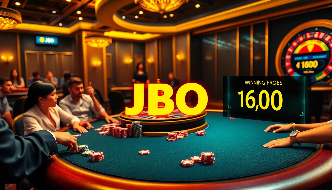 Experience the excitement of JBO online gambling with a luxurious casino scene highlighting poker and roulette.