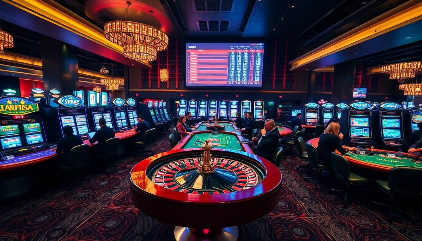 SODO Casino players enjoying an exciting poker game amidst luxurious gaming tables and vibrant slot machines.