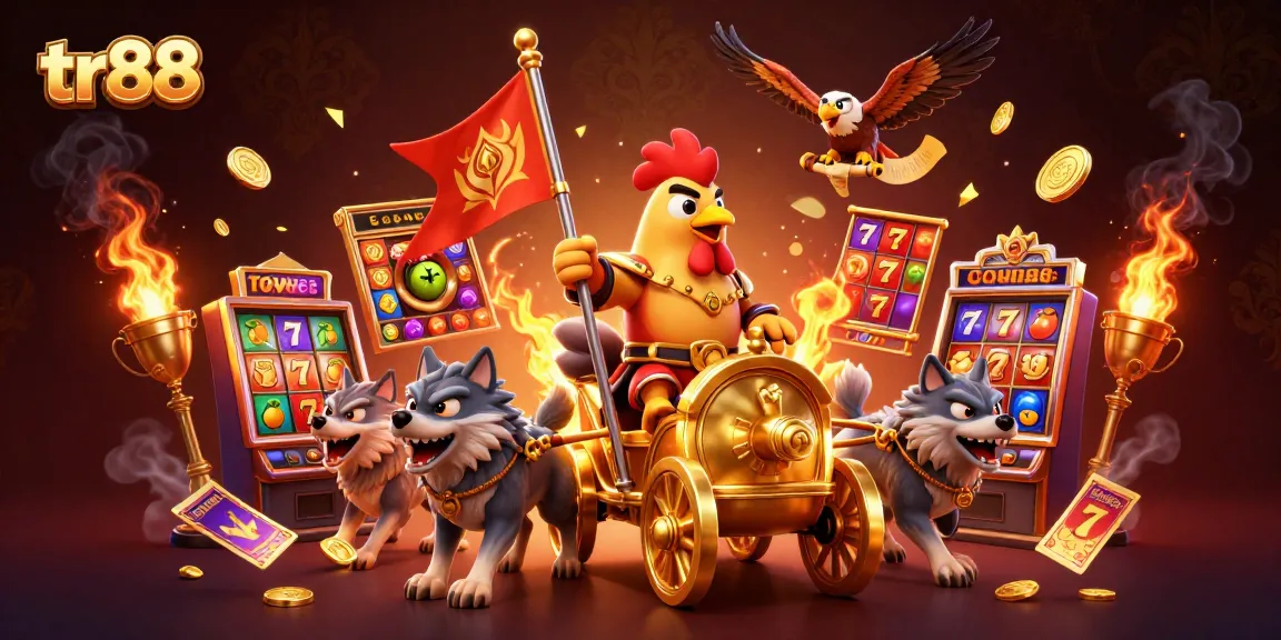 Experience the thrill of games at tr88, where vibrant slot reels and golden trophies create excitement.