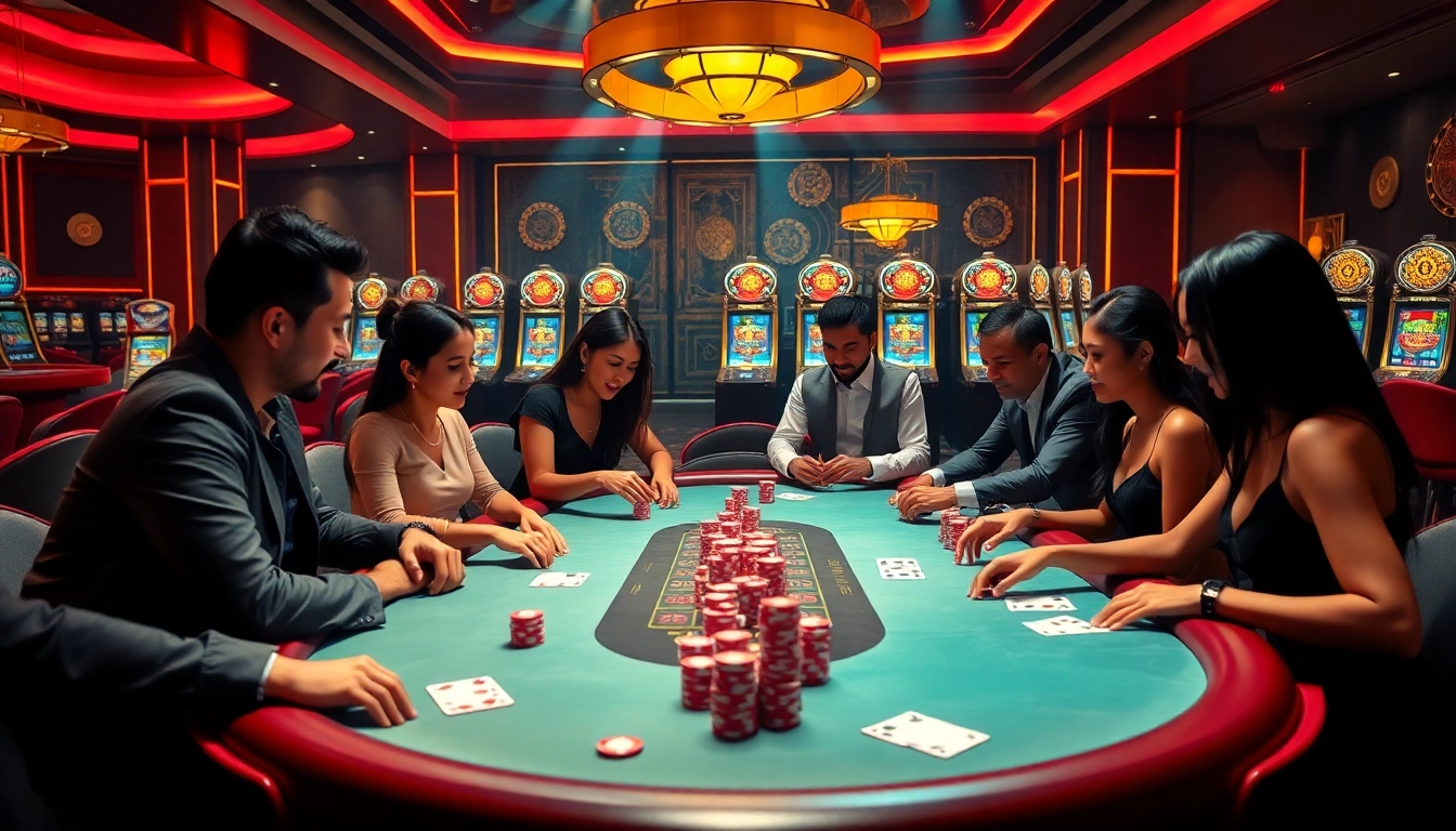 Mubet poker players at a luxurious casino table, surrounded by roulette and slot machines.