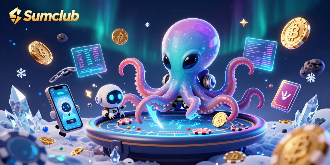 Engage with Sumclub's dynamic gaming universe featuring an octopus and robot at a poker table.