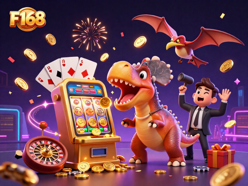 F168 showcases a dynamic casino scene with a pachycephalosaurus winning jackpot coins while colorful slot game elements explode around it.