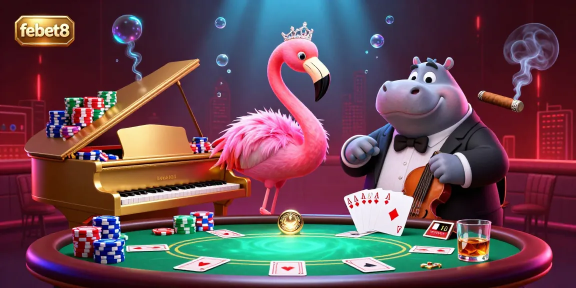 Engage in exciting poker games at febet8 with a vibrant casino scene featuring lively characters and dynamic elements.