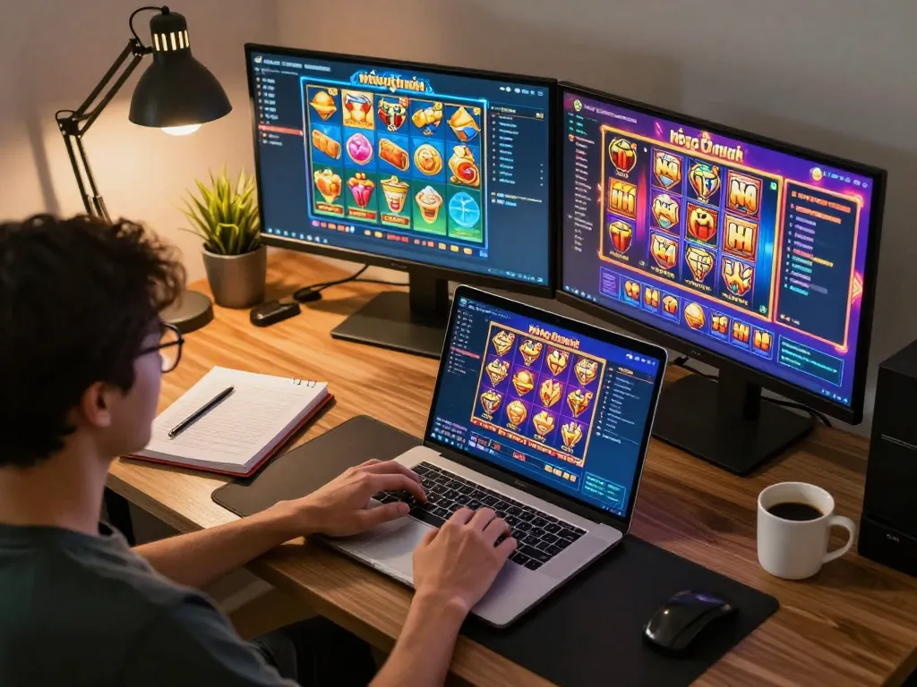 Engaging in an online nổ hũ game session from a sleek home office setup showcasing vibrant gameplay