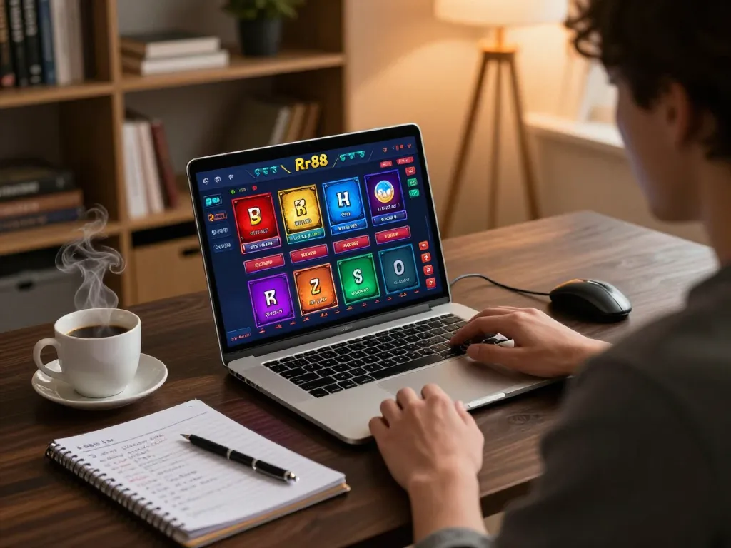 Engage with rr88 online casino gaming from the comfort of home, showcasing a dynamic setup with a laptop and strategic notes.