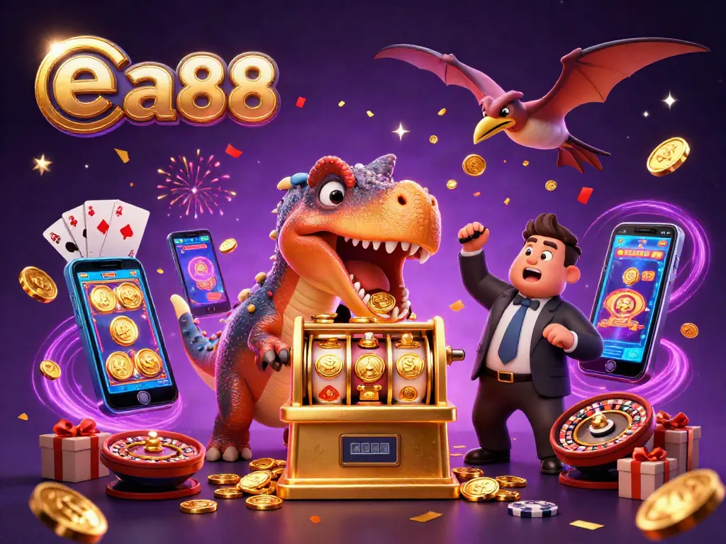 ea88 slot machine jackpot celebration with cartoon dinosaurs and casino elements