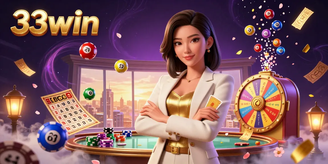 Experience thrilling moments with 33win as a powerful woman holds golden cards amidst dynamic gaming elements.