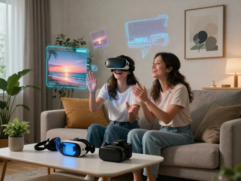 Young woman sharing a moment with her AI girlfriend in a cozy futuristic living room, emphasizing the concept of an AI girlfriend.