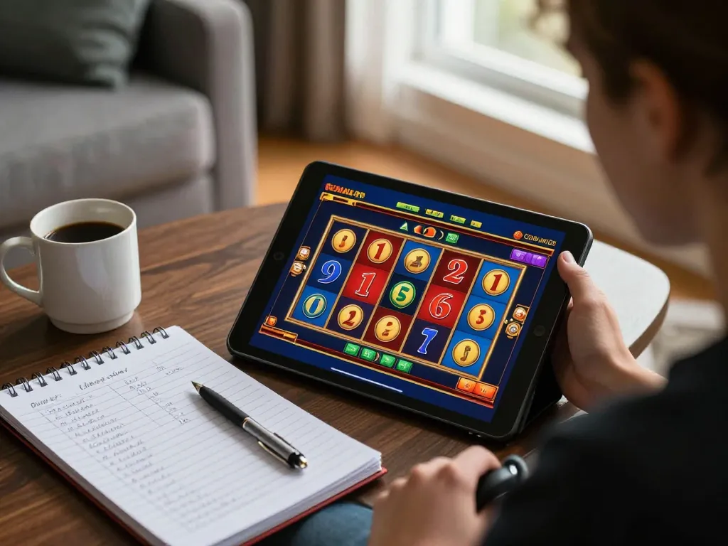 Sunwin player engaged in online slot game, showcasing vibrant interface and strategic notes.