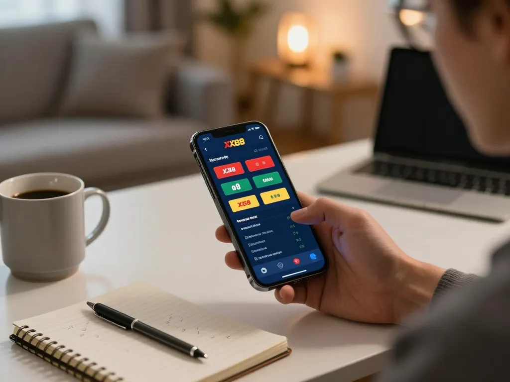 Person using the XX88 mobile app for betting in a cozy home office.
