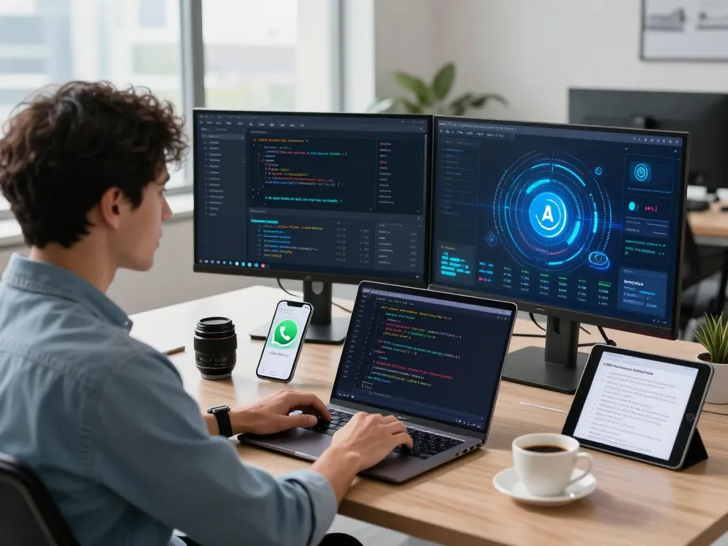 Moltbot AI assistant in a modern tech workspace, showcasing a developer using laptops and smartphones for efficient task management.