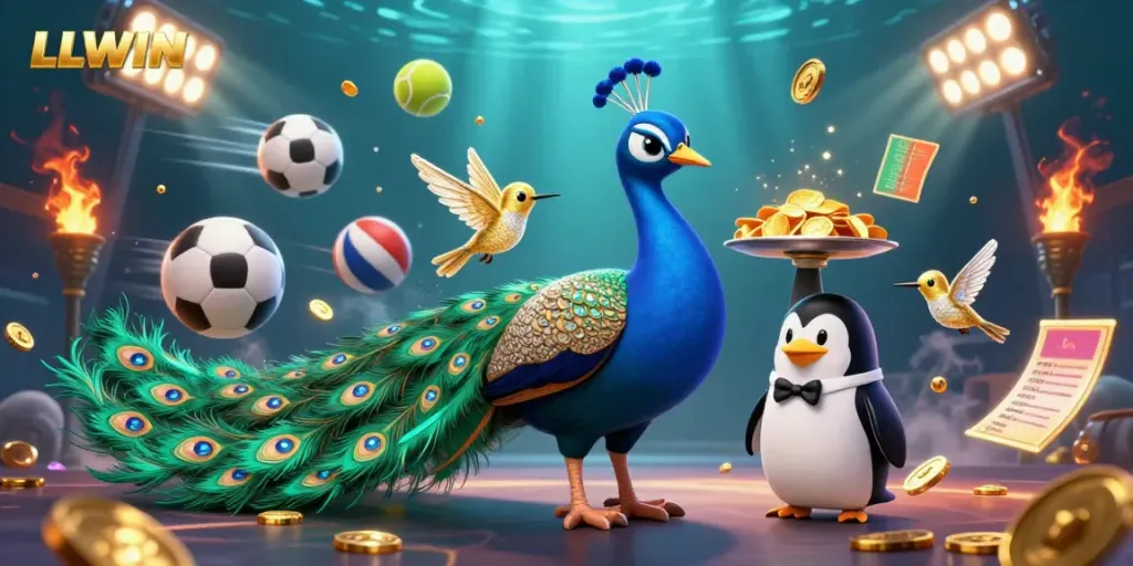 Spin to win big at LLWIN with golden chips and vibrant sports elements in this exciting casino scene.