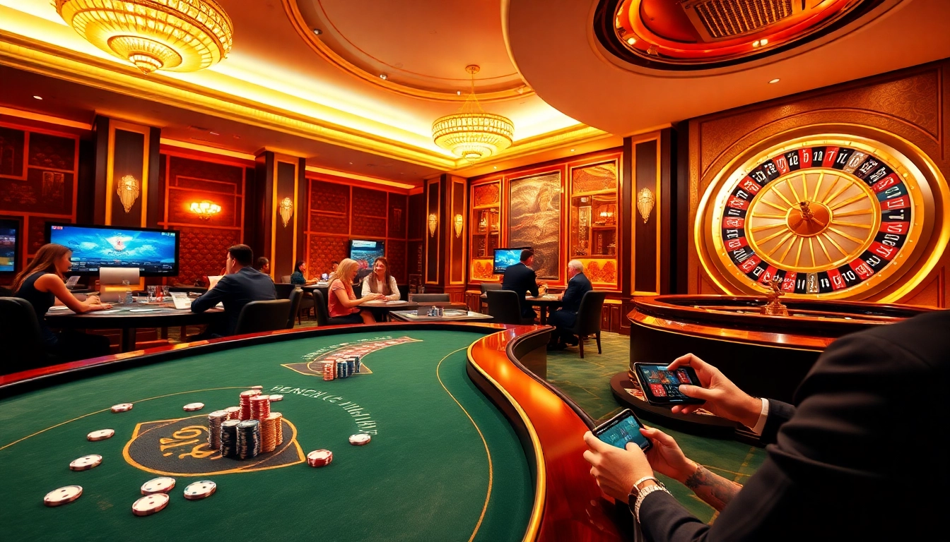Go8 players enjoying thrilling casino games with poker chips and roulette wheel in a luxurious setting.