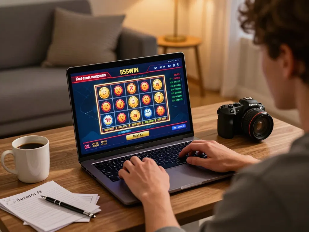 Player engaging with 555WIN casino interface on laptop in a cozy home environment.