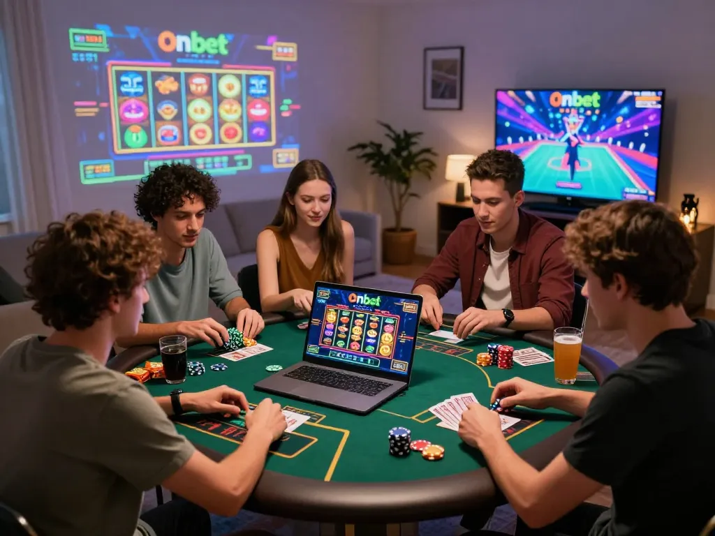 Friends playing Onbet casino games in a lively home setting, showcasing excitement and engagement.