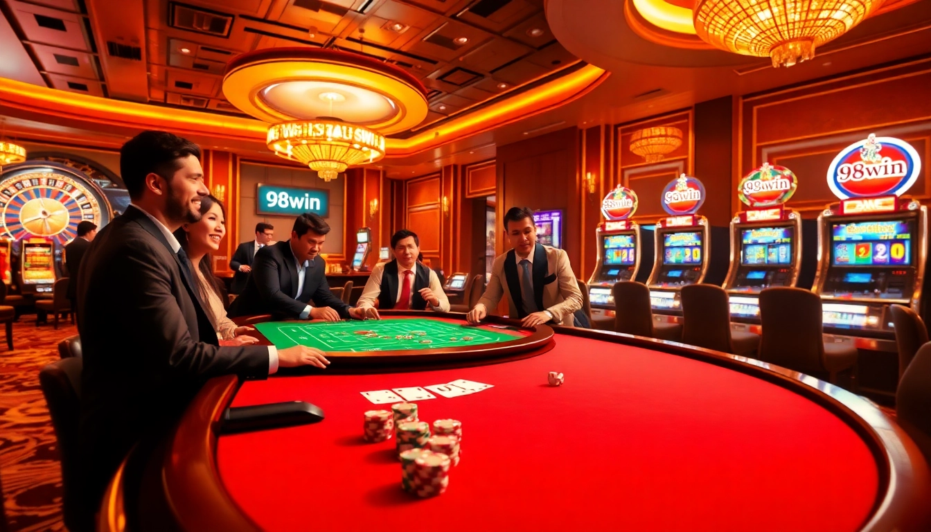 Players engaging in an exciting casino game featuring 98win poker chips and cards.