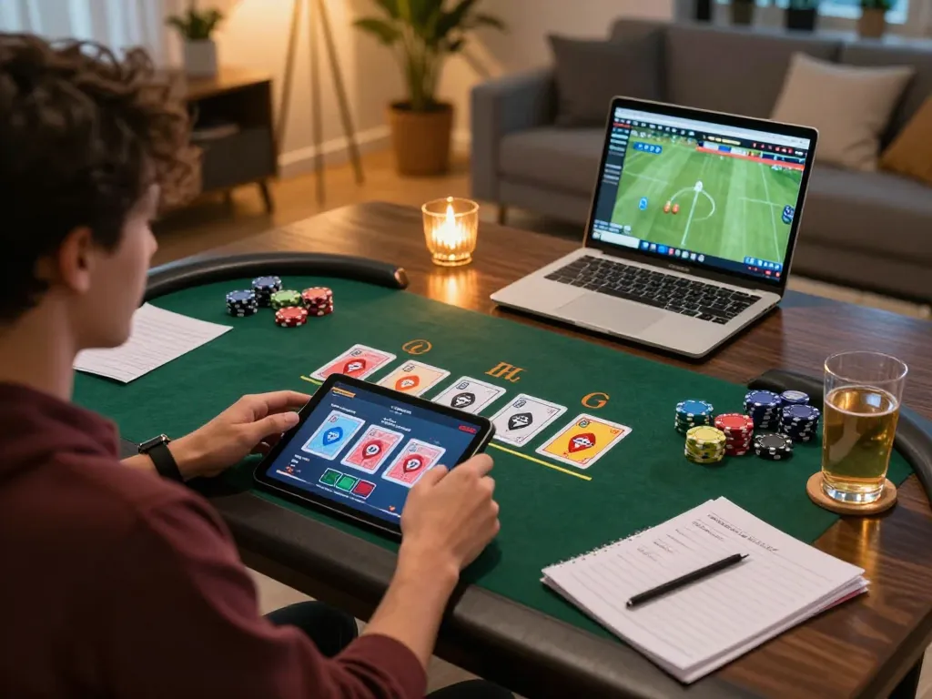 hi88 player strategizing in an engaging online blackjack game from home setting