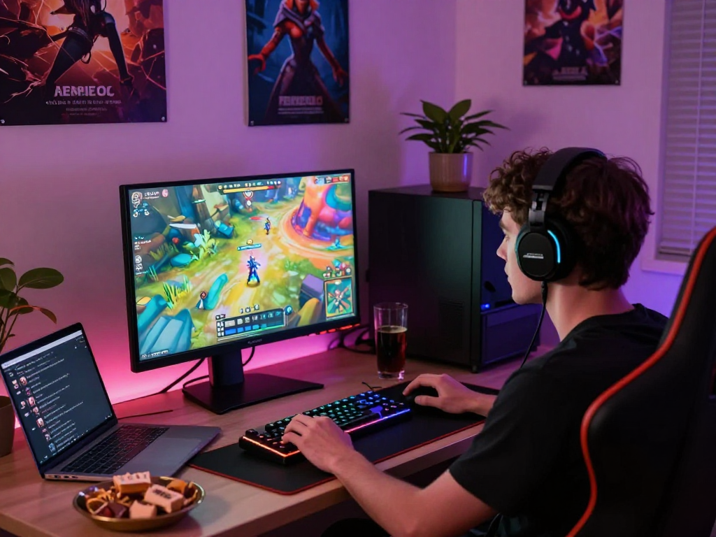 Engaging scene of a person playing game sex online, gaming setup with interactive graphics, cozy atmosphere, vibrant lighting, and immersive experience.