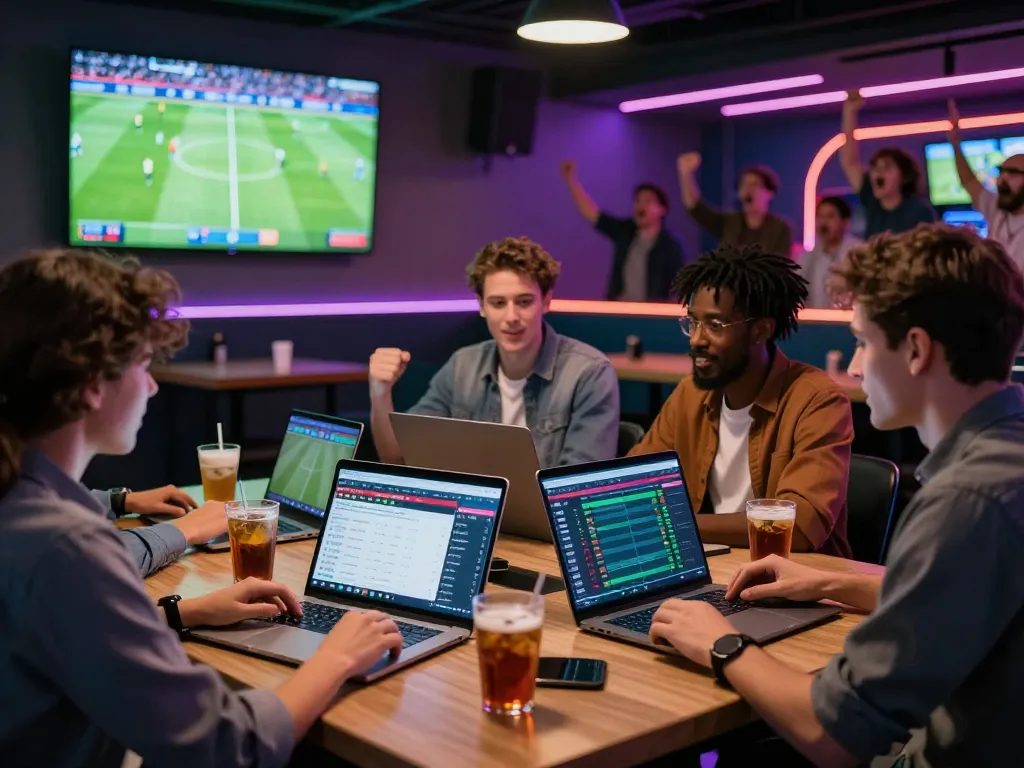 Friends actively analyzing kèo nhà cái odds in a modern sportsbook setting.