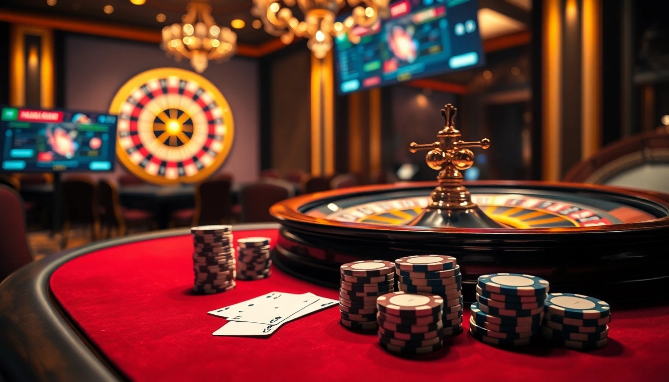 Experience the excitement of gambling with a dynamic casino scene at https://fnew88.com/ showcasing poker and roulette.