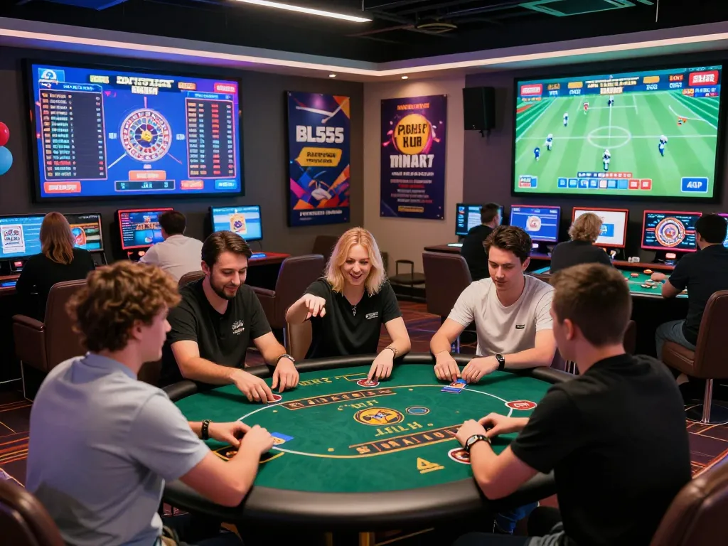 Players enjoying diverse betting games at BL555 online casino with vibrant atmosphere and modern setup.