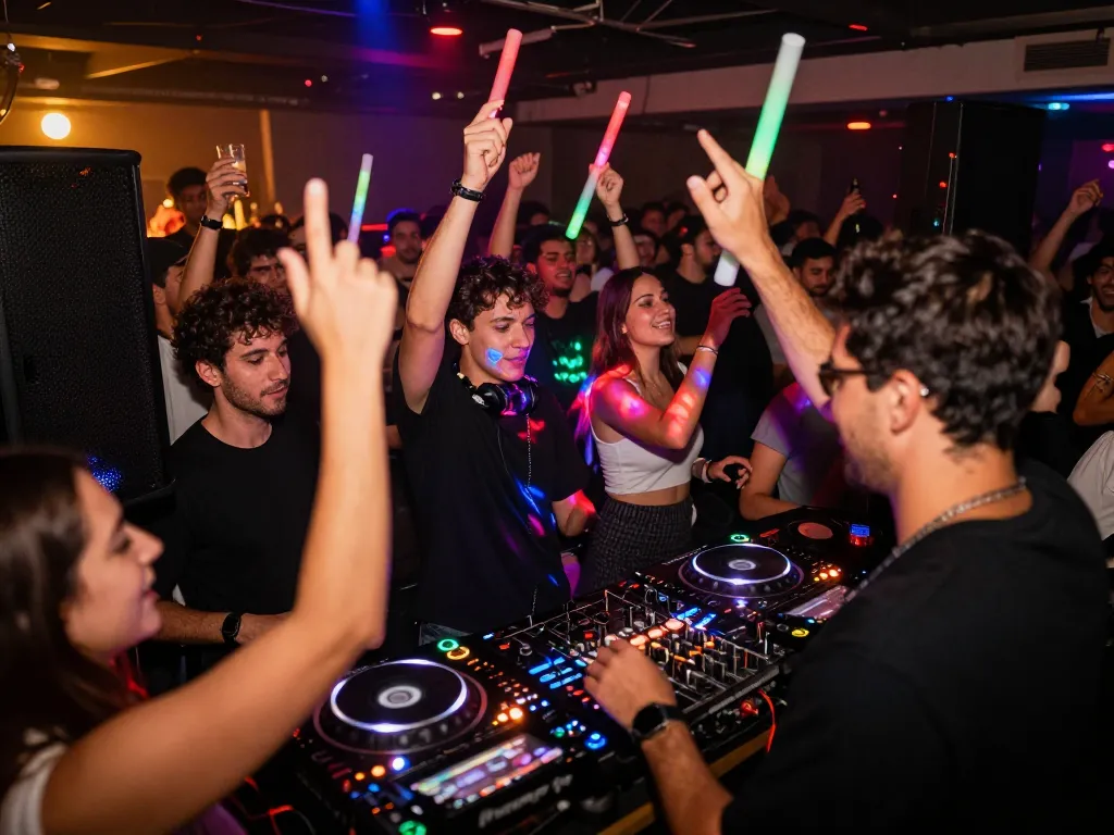 8Day electronic music event with DJ mixing tracks and vibrant crowd enjoying the rhythm