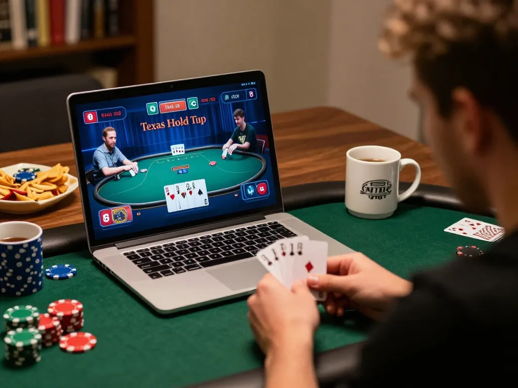Player strategizing in an online poker game at home using danhlodeonline on their laptop