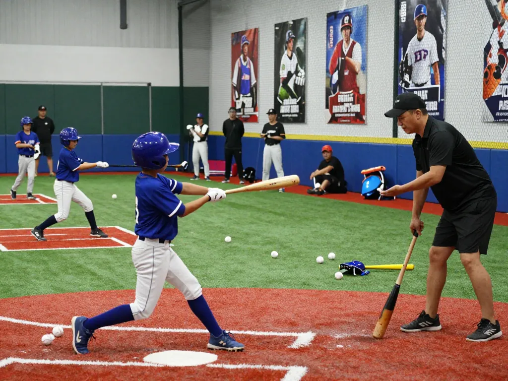 Young athletes at hitclub practicing baseball hitting techniques in a vibrant training facility.