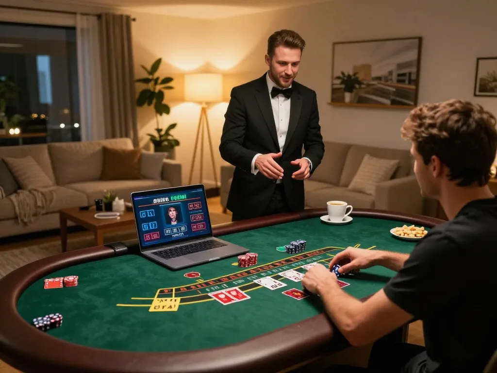 Player enjoying an intense ta88 blackjack game with a live dealer at home, showcasing strategic gameplay.
