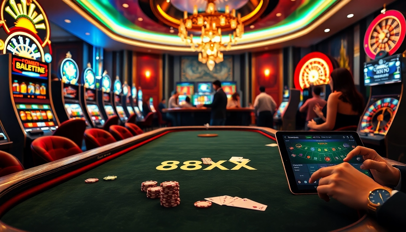 88XX casino scene with players betting at a vibrant gaming table surrounded by slot machines.