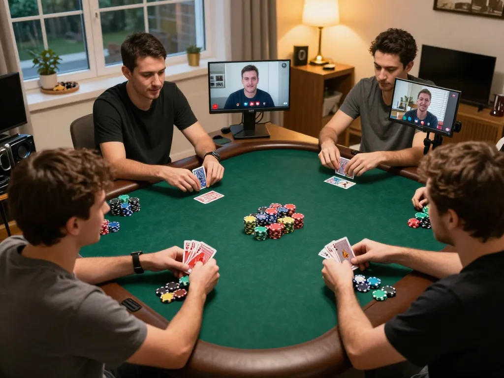 Players engaged in an online poker game at home with link onbet visible on devices, emphasizing social interaction and strategy.