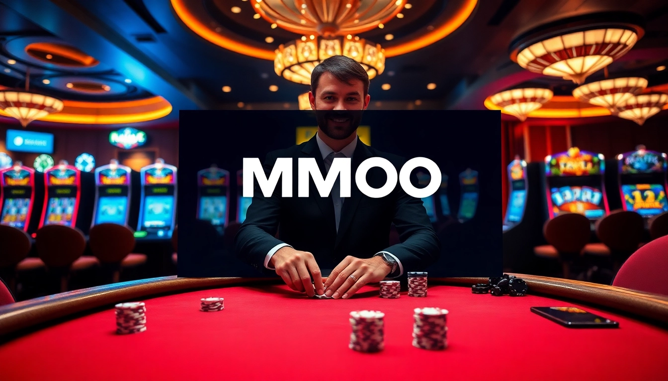 MMOO gambling scene showcasing a vibrant poker table and luxury slot machines.