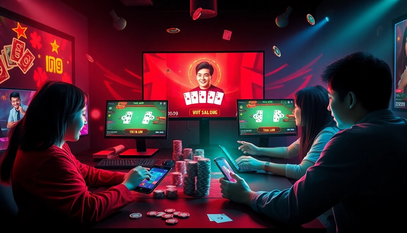 Engaging scene of players enjoying online card games at gamebaidoithuong.com.vc with vibrant graphics and casino elements.