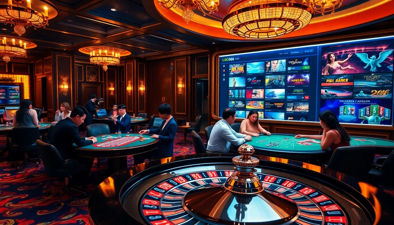 Players enjoying a thrilling game at the LC88 casino tables with vibrant lighting.