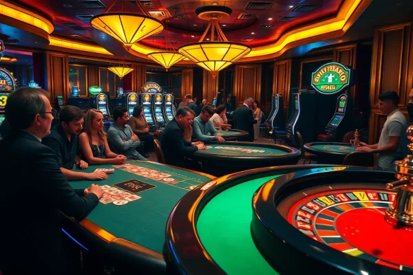 Gambling excitement at MB66 casino featuring vibrant slot machines and poker tables.