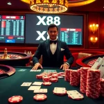 A dynamic casino scene with a professional dealer and XX88 branding, highlighting poker chips and a roulette wheel.