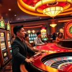 Nohu casino scene showcasing excited players at slot machines and poker tables, highlighting vibrant gaming atmosphere.
