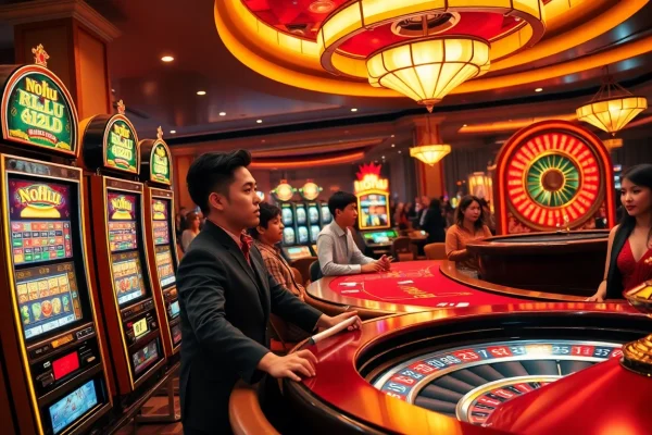 Nohu casino scene showcasing excited players at slot machines and poker tables, highlighting vibrant gaming atmosphere.