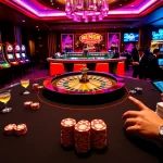 High-stakes gambling action at Xin 88 casino featuring poker, vibrant slot machines, and roulette.
