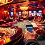Experience the excitement of gambling at Jun88, featuring poker chips and roulette wheels in a vibrant casino setting.