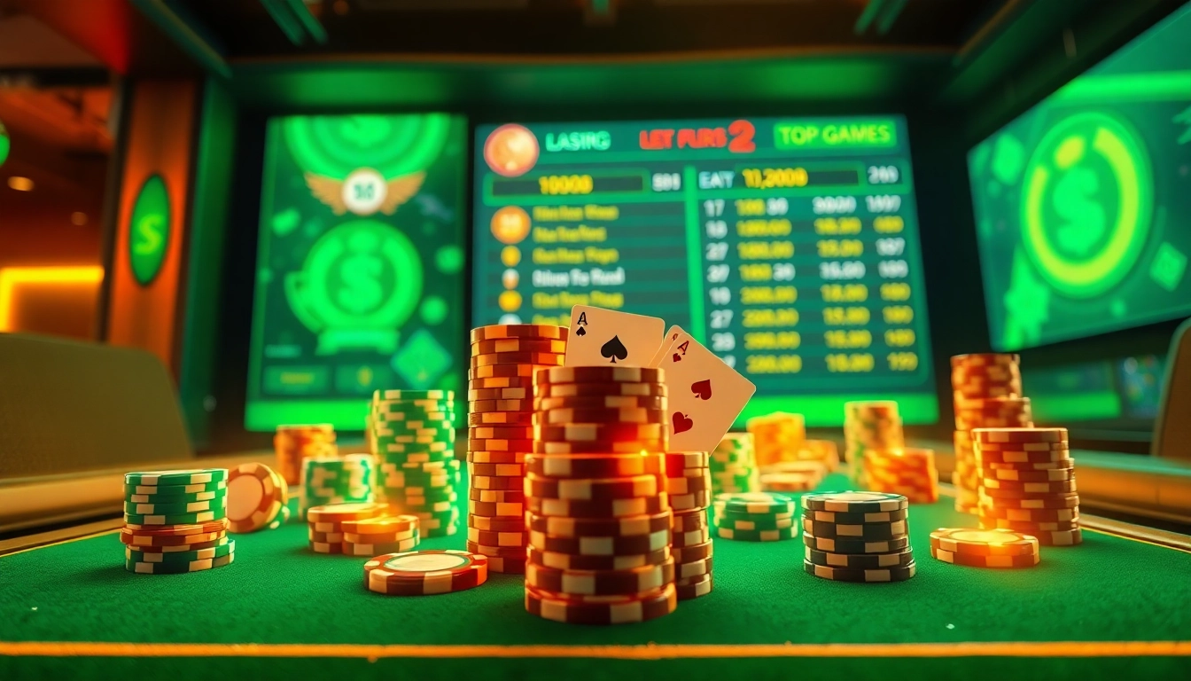 Exciting online gaming atmosphere at topgamebaidoithuong.mx featuring vibrant cards and chips.