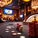 GO 88 branded chips stacked high on a luxury casino table, highlighting exciting poker gameplay.
