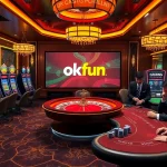 Exciting casino scene with players engaging in games, highlighting okfun's vibrant atmosphere.