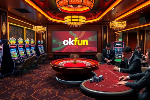 Exciting casino scene with players engaging in games, highlighting okfun's vibrant atmosphere.