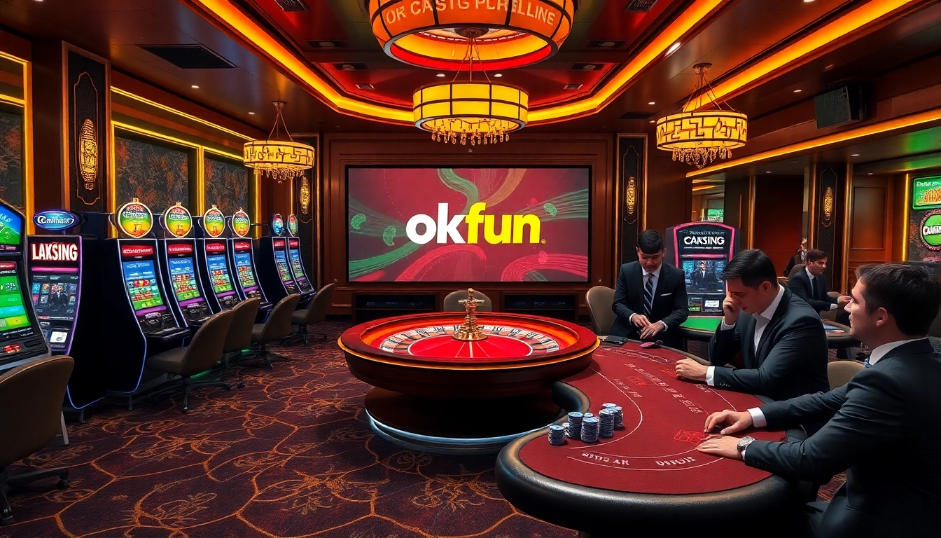 Exciting casino scene with players engaging in games, highlighting okfun's vibrant atmosphere.