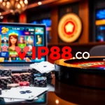 Engaging casino gameplay interface showcasing vip88 com with poker chips and cards.