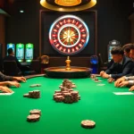 Players engaging in high-stakes poker at a vibrant j88 casino table with glowing chips.