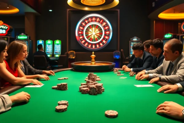 Players engaging in high-stakes poker at a vibrant j88 casino table with glowing chips.